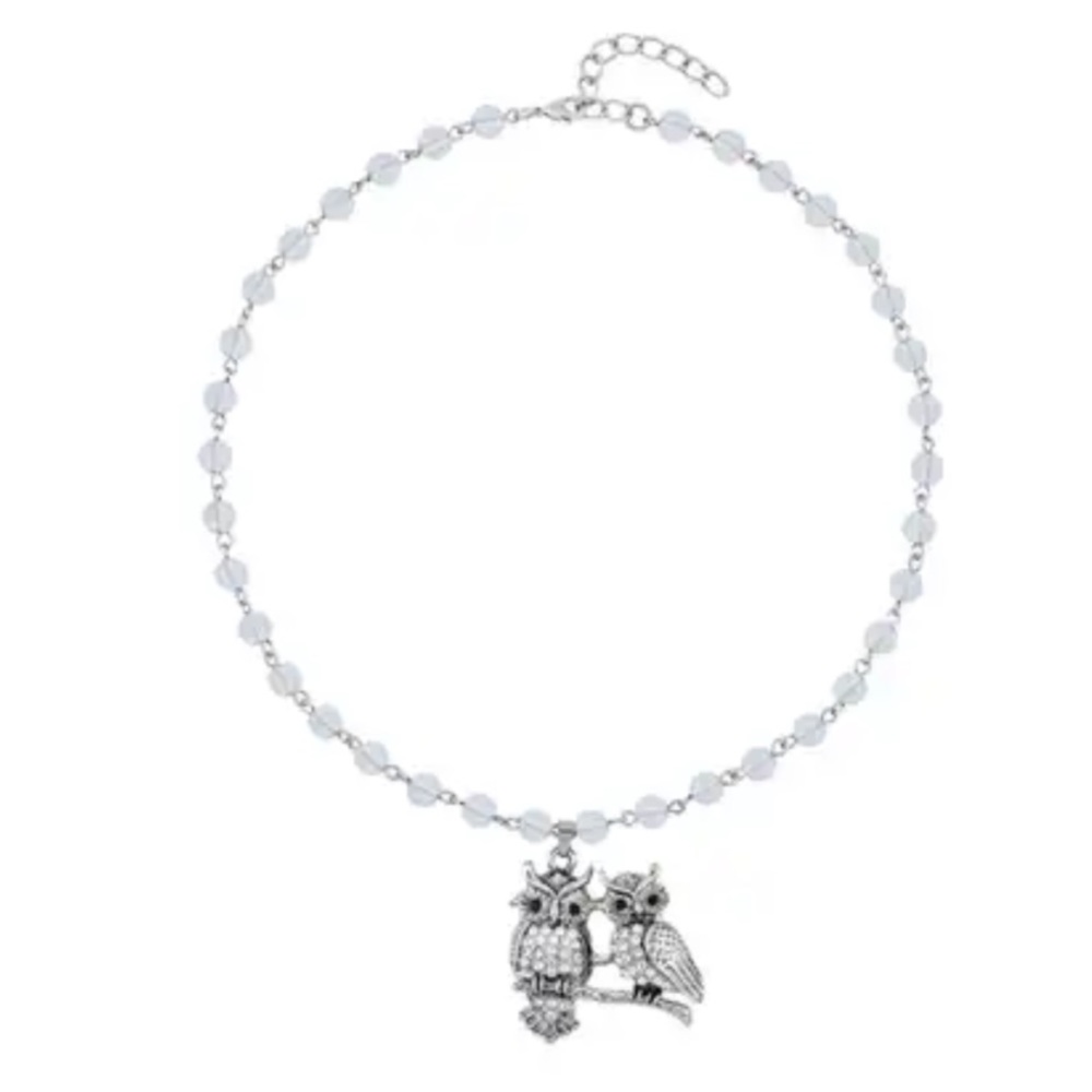 Opalite, White and Black Austrian Crystal Owl Couple Necklace in Silvertone
